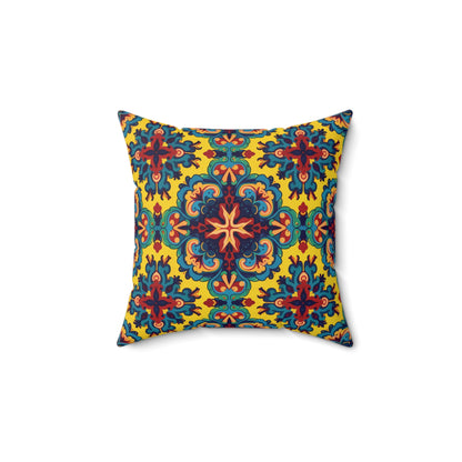 A square faux suede pillow featuring a vibrant, symmetrical pattern with blue, red, orange, and green accents on a yellow background. The intricate design resembles a mandala or tile motif, ideal as an eye-catching African accent pillow.