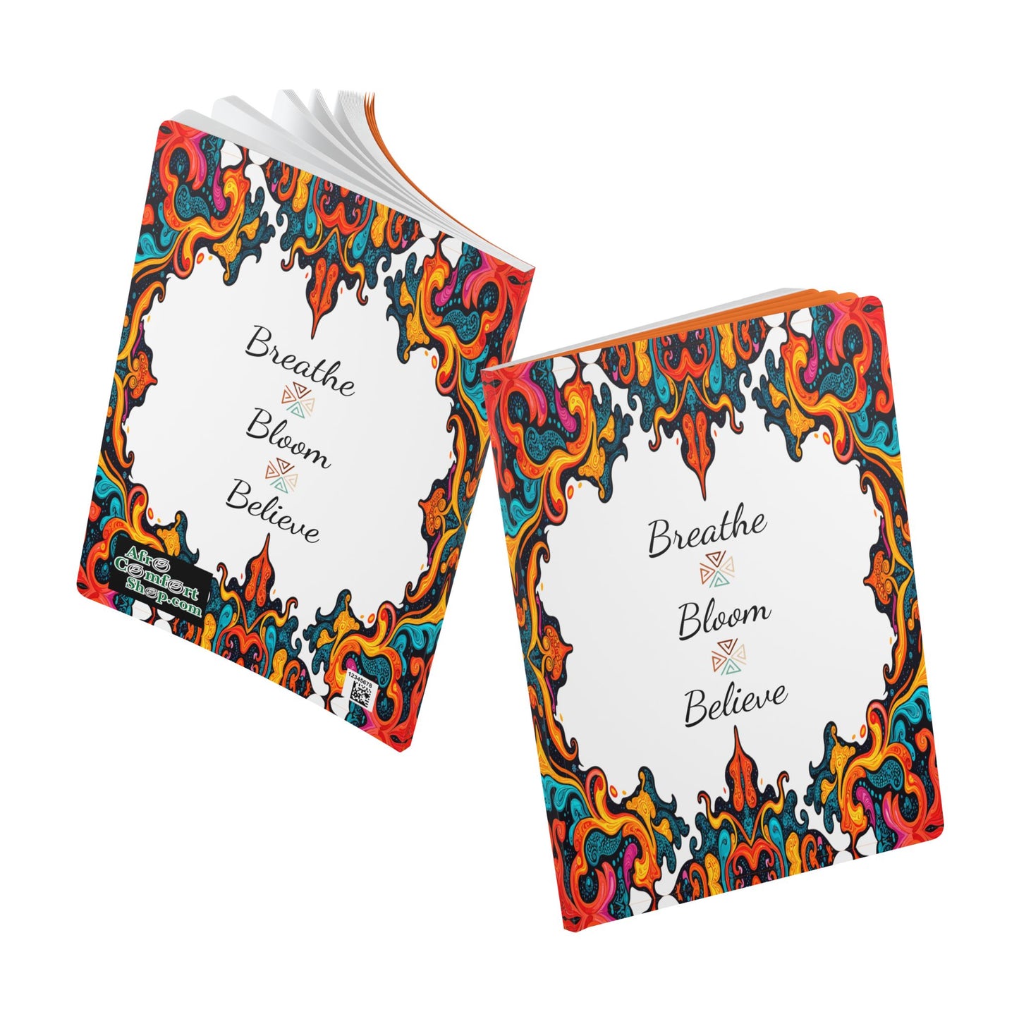 Two square books with colorful, swirled, ornate borders on white covers. The text Breathe Bloom Believe graces these African-inspired journals in elegant script; one open and one closed, each reveals vibrant, abstract designs around the edges.