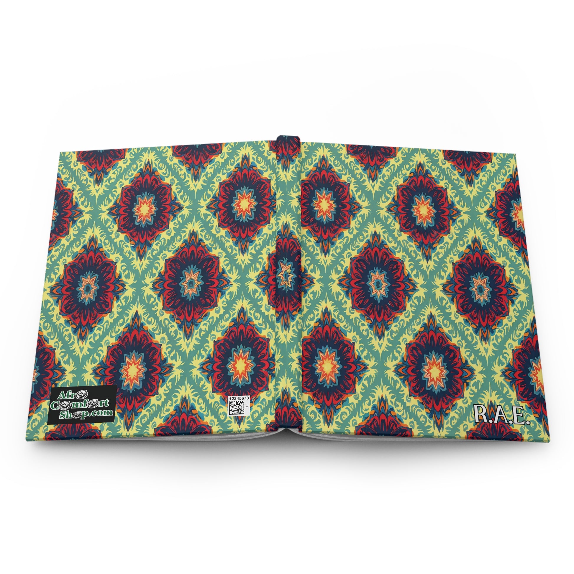 An open African-inspired personalized journal displays a vibrant cover with a repeating geometric floral pattern in red, teal, yellow, and navy on light green. The bottom corners feature labels: “Alice Colossarte Bibliotheca” and “R.A.E.”.
