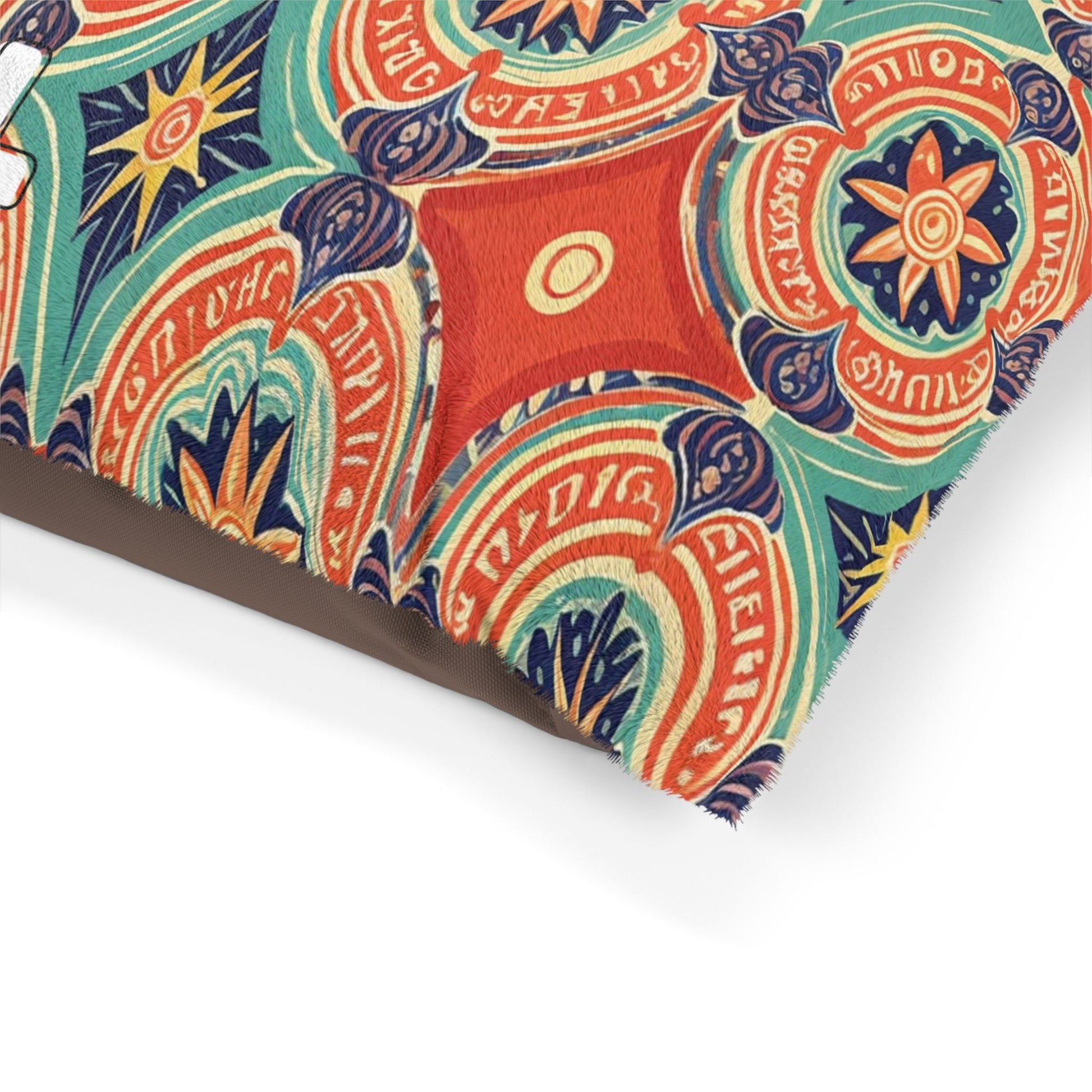 Colorful decorative pillow with an intricate, abstract pattern featuring swirling shapes, stars, and circular motifs—perfect inspiration for a personalized pet bed. The design includes stylized text in a curved arrangement, adding to its dynamic appearance.