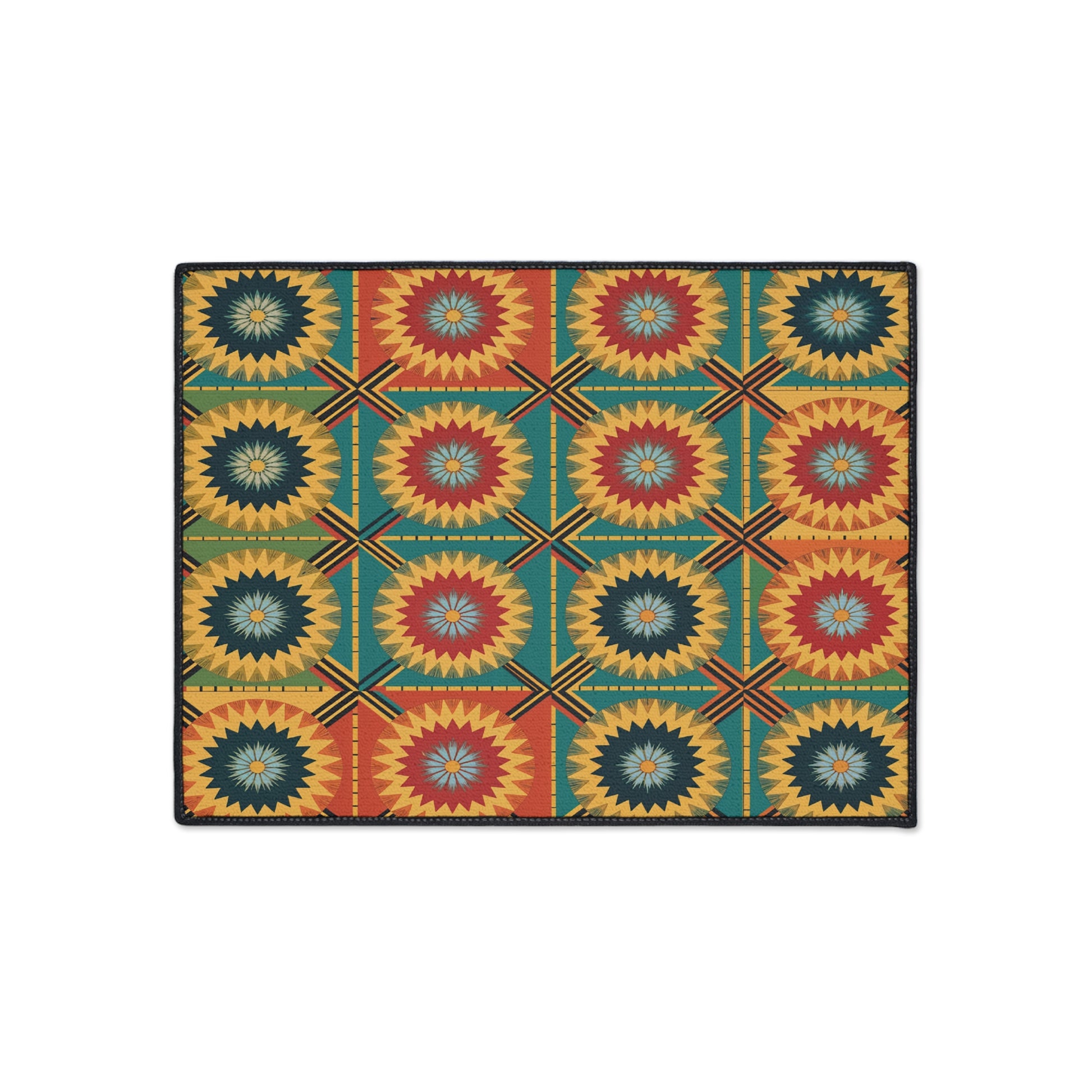 Rectangular rug with a repeating geometric pattern of radiating starburst shapes in red, yellow, blue, and green. African-inspired aesthetics shine through diamond grids on a white background. Features non-slip rubber backing for added safety.