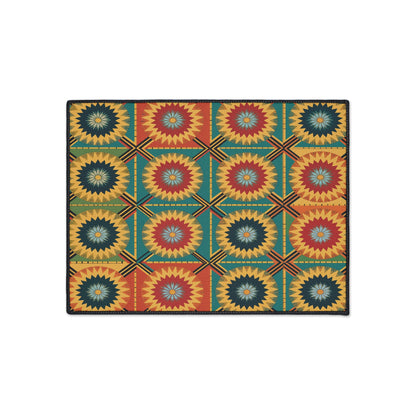Rectangular rug with a repeating geometric pattern of radiating starburst shapes in red, yellow, blue, and green. African-inspired aesthetics shine through diamond grids on a white background. Features non-slip rubber backing for added safety.