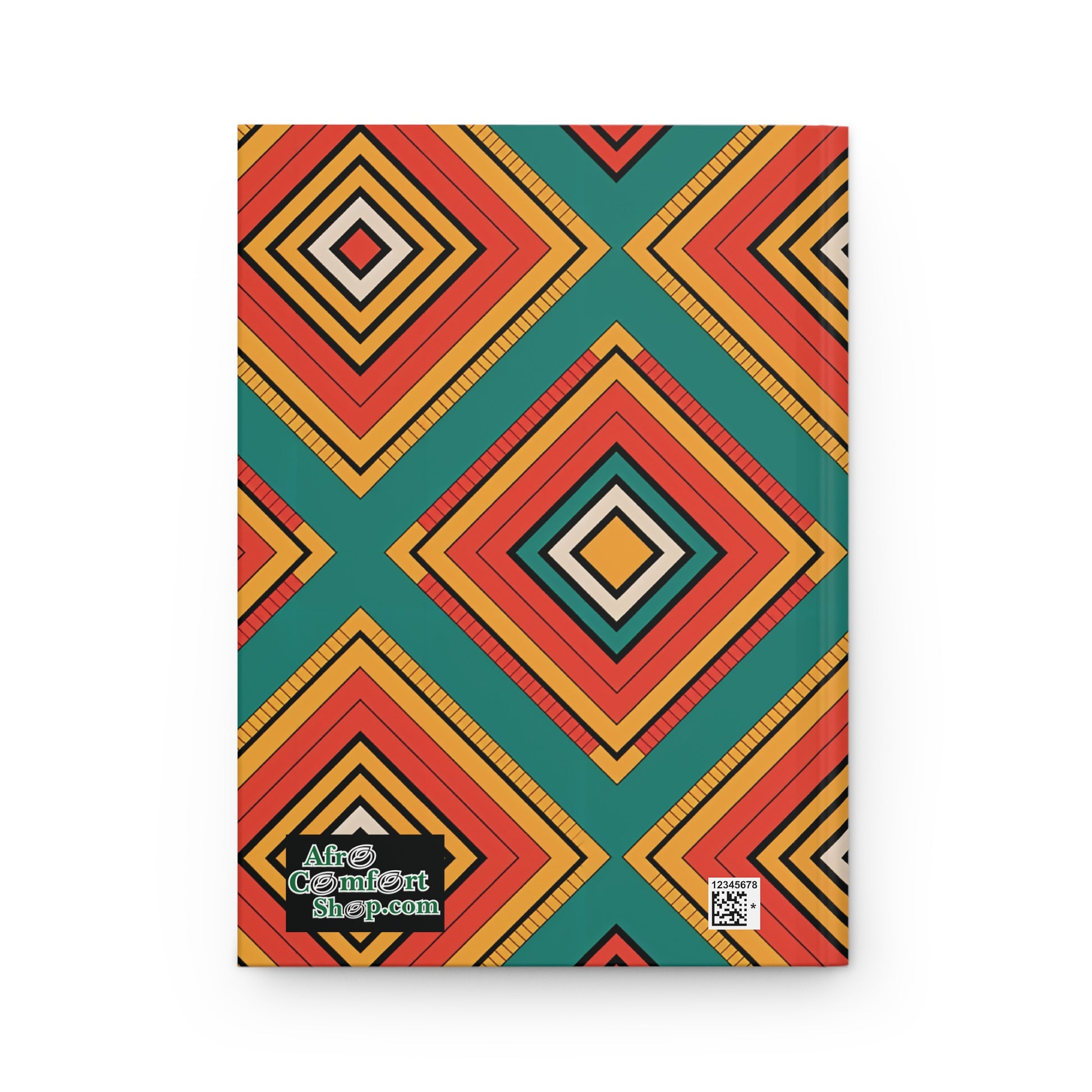 Rectangular geometric hardcover notebook with a bold pattern of nested diamonds in red, orange, yellow, and teal. The bottom left features the AfroComiArt shop.com logo; a QR code is visible in the bottom right corner. Inspired by African textile journal design.