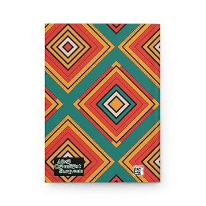 Rectangular geometric hardcover notebook with a bold pattern of nested diamonds in red, orange, yellow, and teal. The bottom left features the AfroComiArt shop.com logo; a QR code is visible in the bottom right corner. Inspired by African textile journal design.