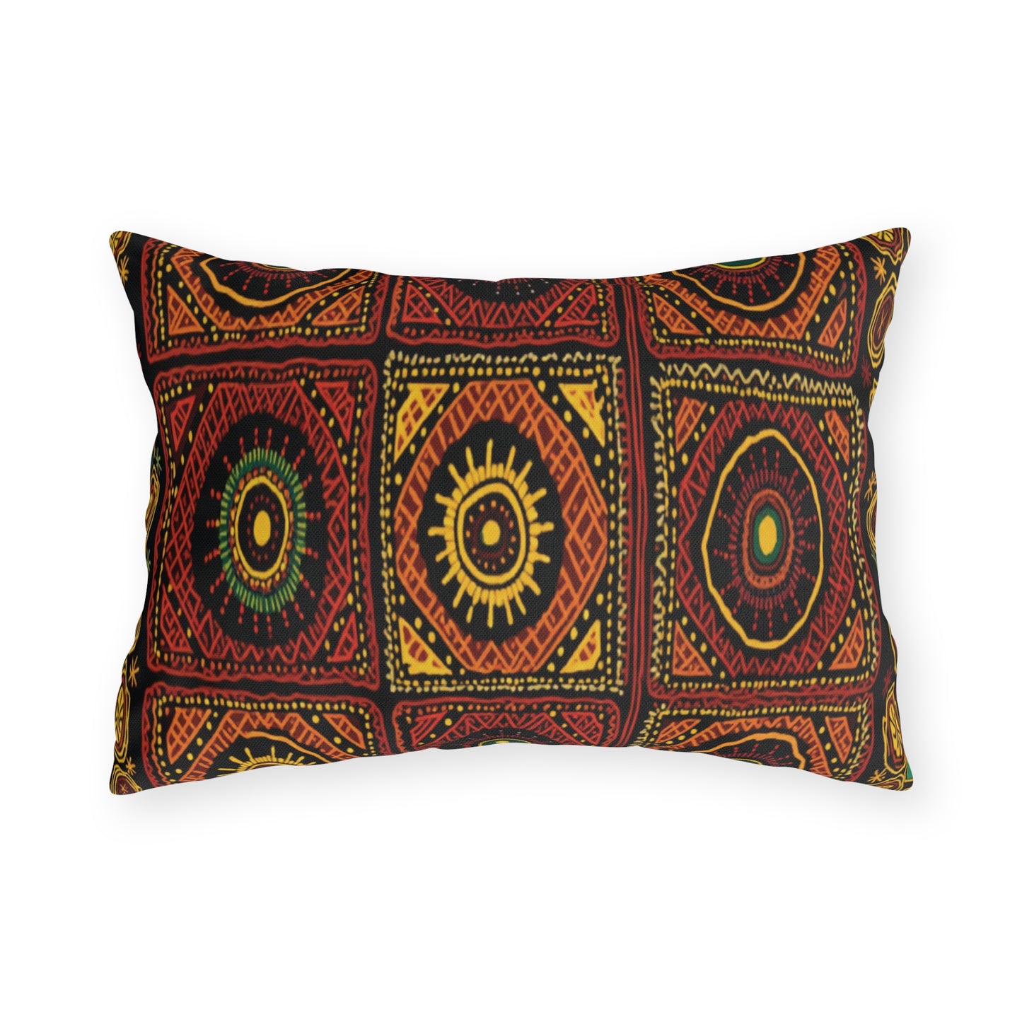 Rectangular outdoor pillow with a vibrant geometric pattern in red, yellow, and black. The weatherproof pillow features concentric circles, diamond shapes, and sun-like motifs for a striking tribal-inspired look—perfect for customizable design options.