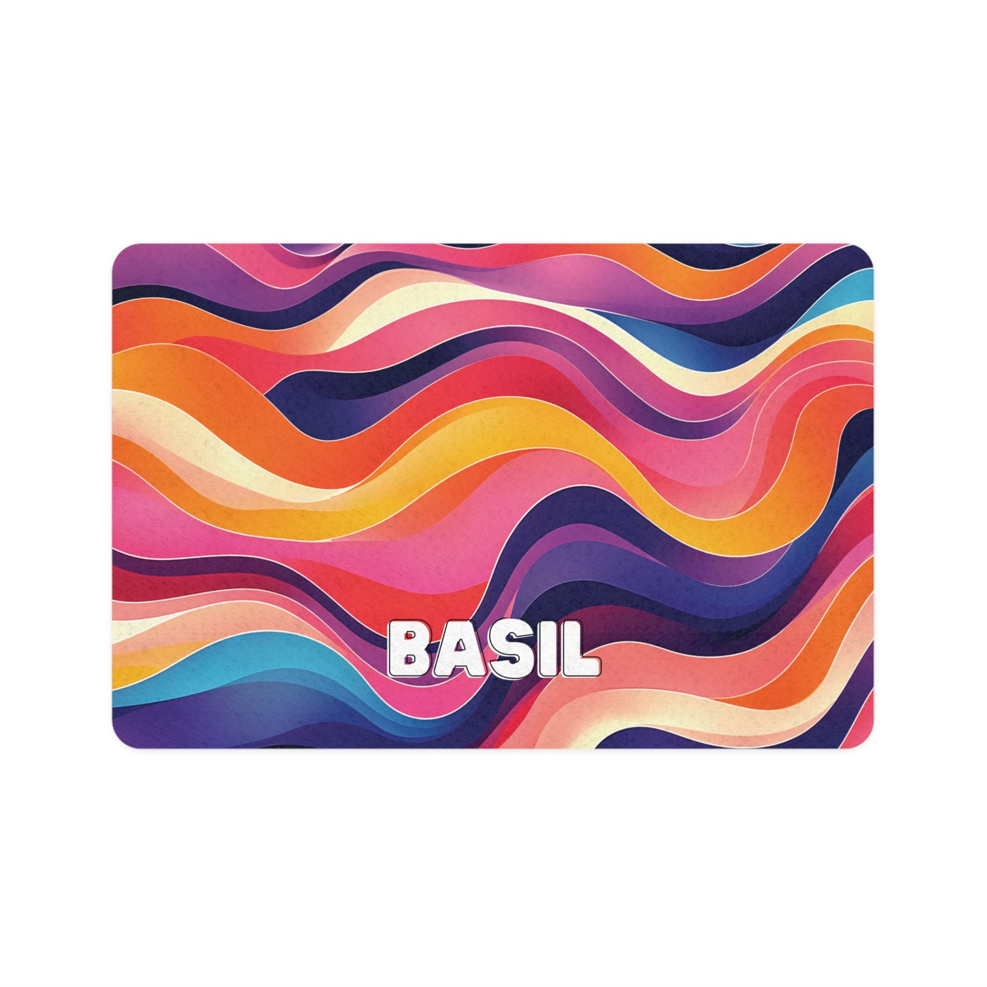 A rectangular card with colorful, African-inspired wavy stripes in shades of orange, pink, purple, yellow, and blue. The word “BASIL” in bold white letters is centered near the bottom. The background is plain white.