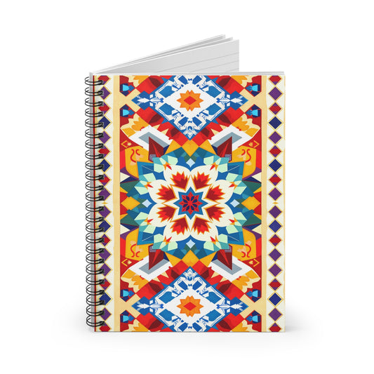 A vibrant, African-inspired spiral notebook with a geometric cover design. The pattern features a central starburst and colorful diamond shapes, offering culturally inspired designs and a premium writing experience. The notebook is open slightly.