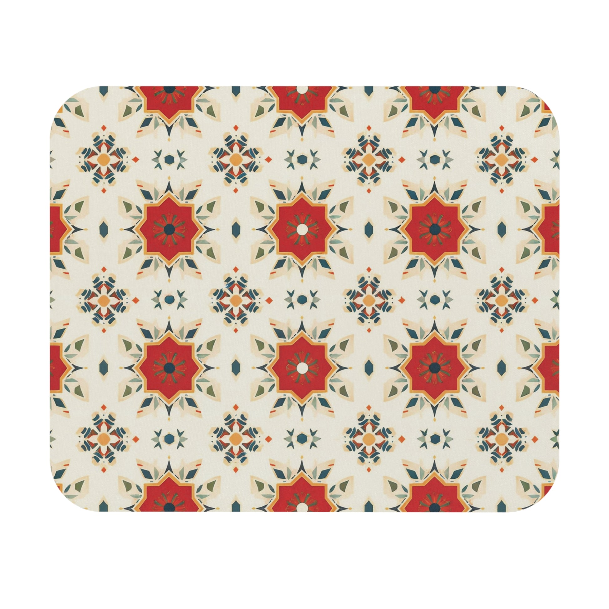 A repeating geometric pattern features red, orange, and green star-shaped motifs on a cream background. This African-inspired mouse pad is a creative desk accessory with layered points and a non-slip rubber base for added stability.