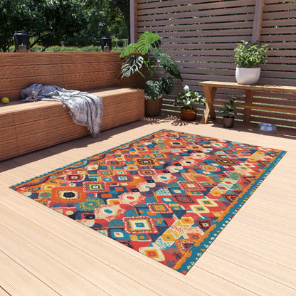 A colorful African-inspired geometric rug lies on a light wooden patio floor. A wicker sofa with a gray throw sits left, and two potted plants flank a wooden table on the right. Sunlight filters through a slatted privacy screen and trees outside.