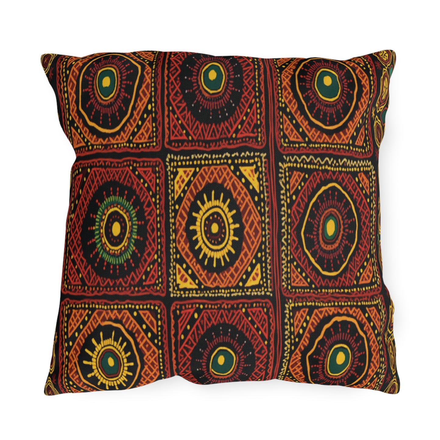 A square throw pillow with an intricate geometric pattern in red, yellow, green, and black. This weatherproof pillow features vibrant, symmetrical motifs inspired by tribal or folk art—perfect for adding bold style to your outdoor pillows collection.