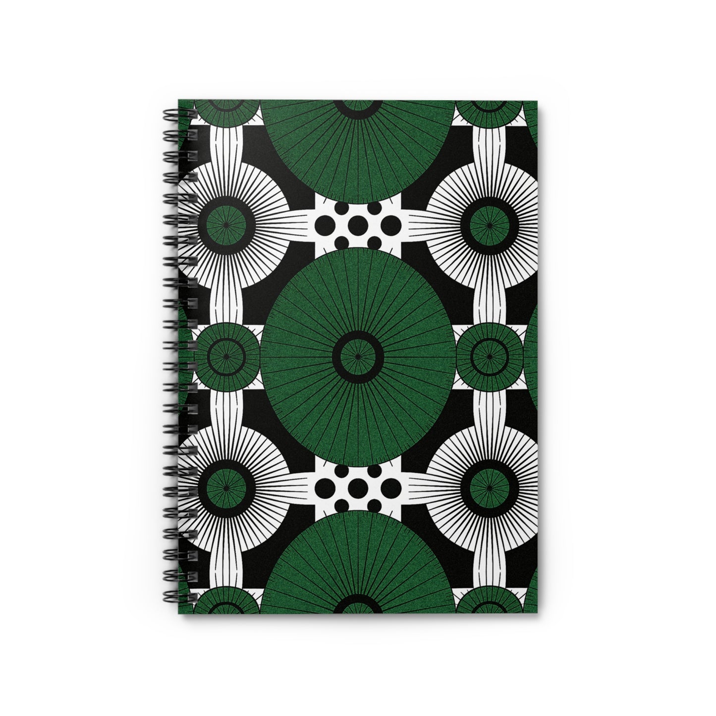 An African-inspired spiral notebook with a bold geometric cover design featuring large green and black circular patterns, concentric white rings, and black polka dots on a white background, all arranged in a symmetrical, repeating pattern.