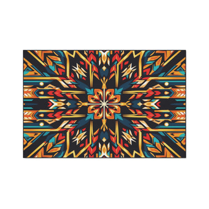 A symmetrical, geometric pattern featuring vibrant colors—red, orange, turquoise, yellow, and black—radiates from a floral-like center. Bold lines and arrow motifs evoke African-inspired home decor for a dynamic, kaleidoscopic effect.