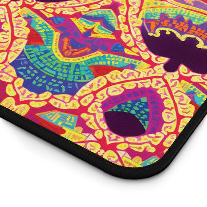 A close-up of a colorful neoprene desk mat with a black stitched edge. The vivid red, yellow, purple, blue, and green shapes form intricate patterns reminiscent of stained glass or mosaic art—a vibrant, colorful workspace accessory.