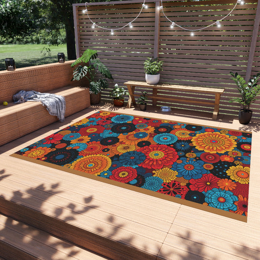 A cozy wooden patio features an African-inspired outdoor rug in bright red, orange, yellow, and blue flowers. The weather-resistant polyester and no-slip backing make it perfect beneath a cushioned sofa, potted plants, string lights, and lush greenery outside.