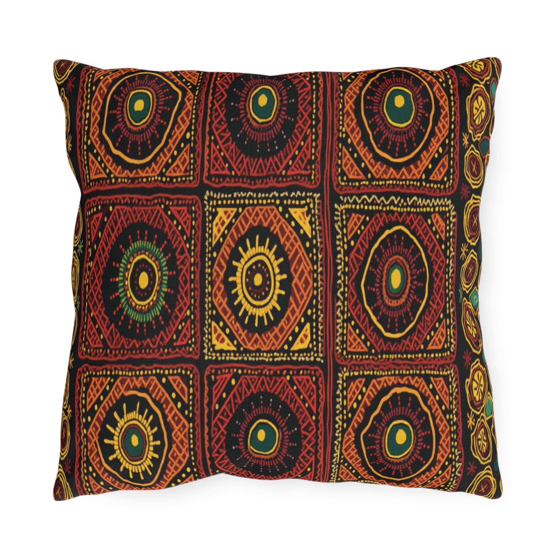 A rectangular pillow featuring a bold, African-inspired geometric pattern of concentric circles and sunburst shapes in red, yellow, green, and orange. Arranged symmetrically on black, the design evokes vivid traditional textile art.