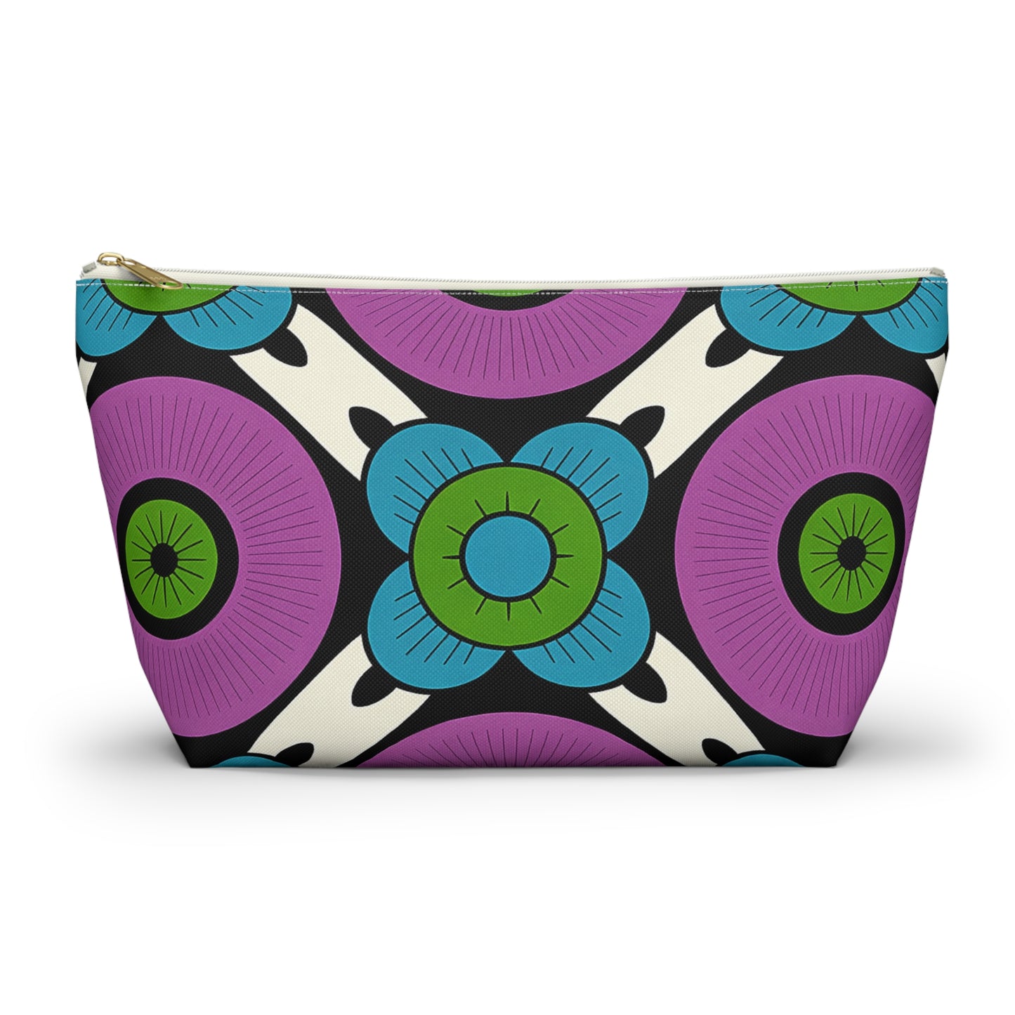 A zippered T-bottom pouch with a bold, African-inspired geometric floral pattern. Large purple circles and blue, green-centered flowers stand out on a white background. Perfect as a cosmetic travel bag, it features a gold-colored zipper.