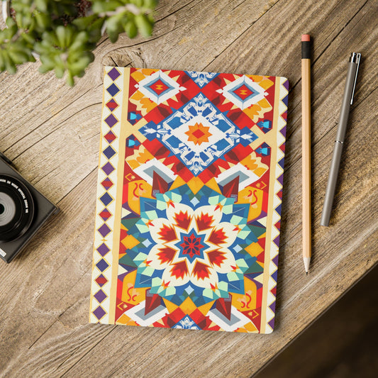 An African-inspired journal with a vibrant, geometric, multicolor mandala cover lies on a wooden table. Next to it are a pencil, a pen, and a camera lens. The edge of a green leafy plant appears in the upper left corner.