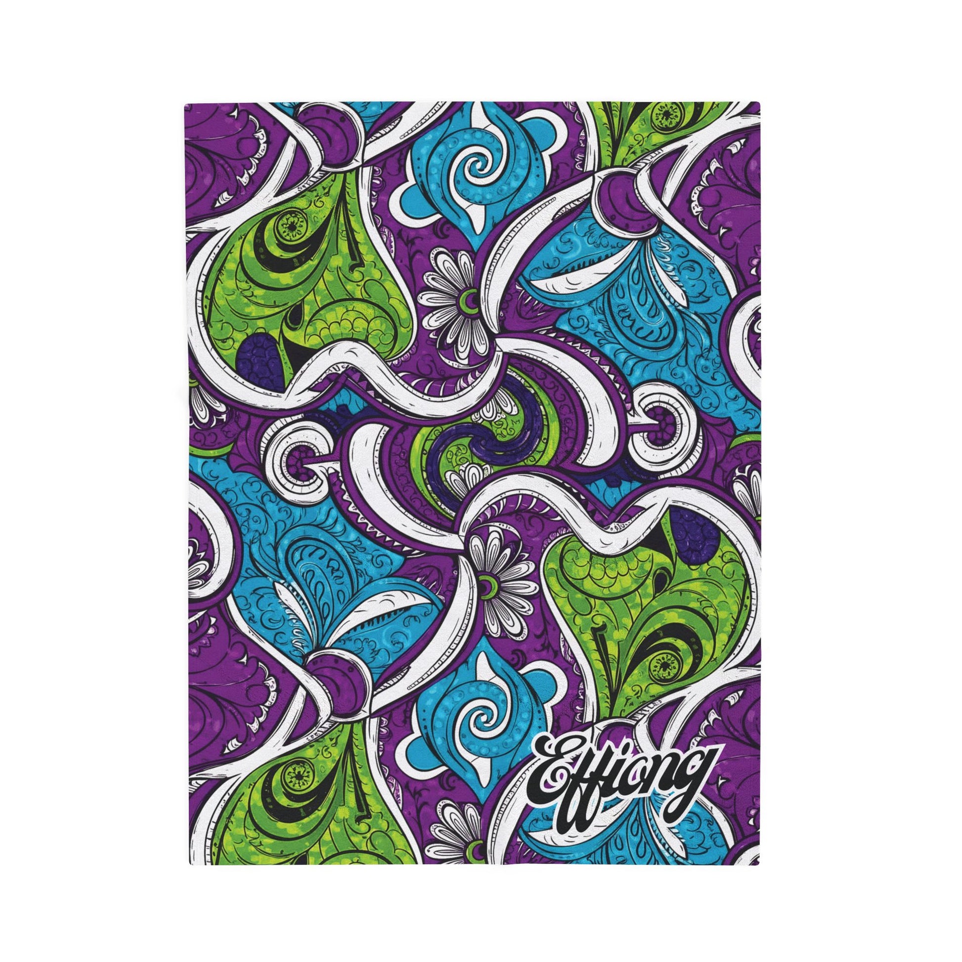A vibrant notebook cover features an intricate, swirling paisley pattern in green, blue, purple, and white—reminiscent of an African-inspired blanket. Black outlines accentuate the abstract floral and leaf shapes. “Effiang” is printed in bold white script at the bottom right corner.