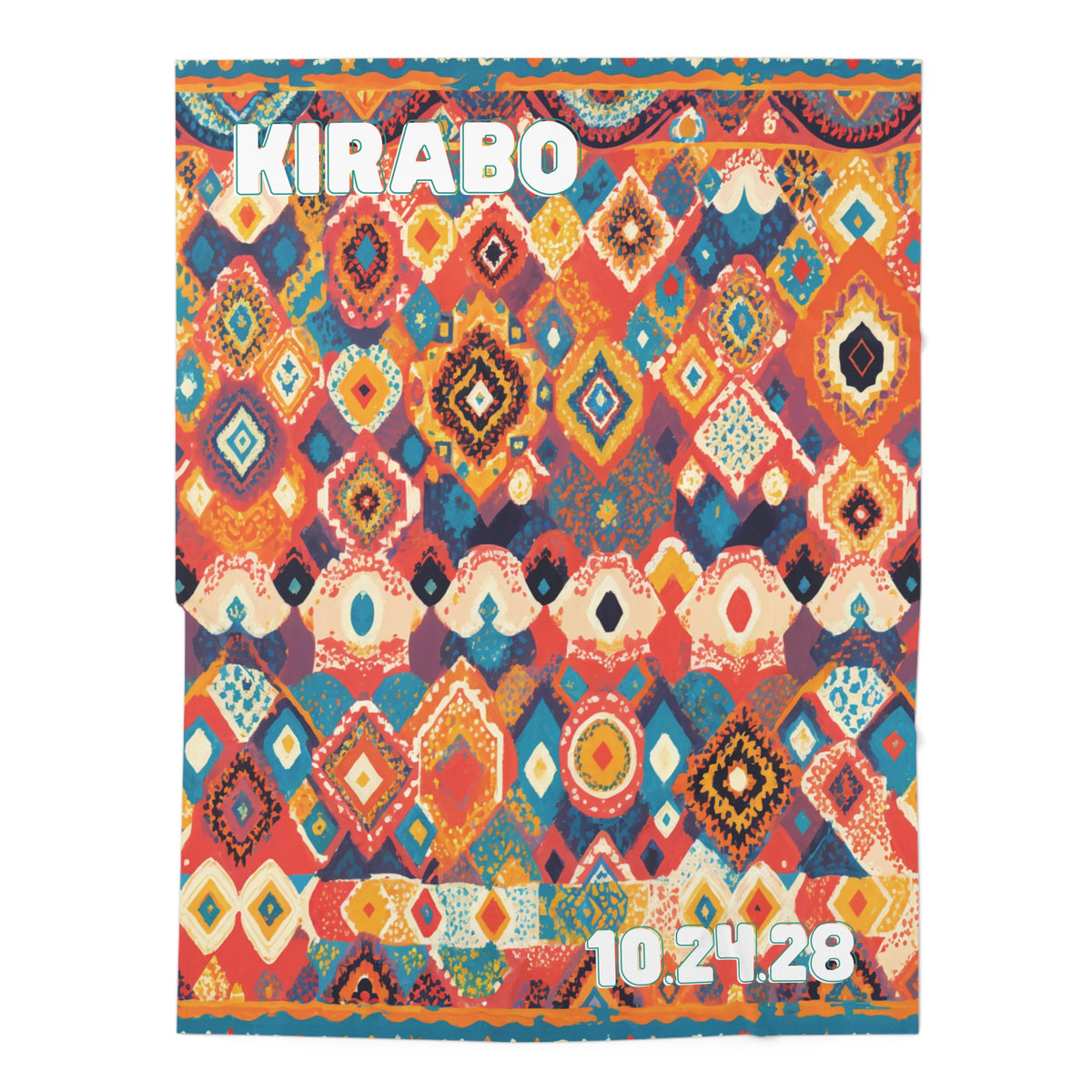 A colorful, geometric patterned rug with red, orange, blue, and yellow diamond motifs. Perfect as African-inspired decor, KIRABO appears in bold white letters at the top left and the date 10.24.28 is in white at the bottom right.