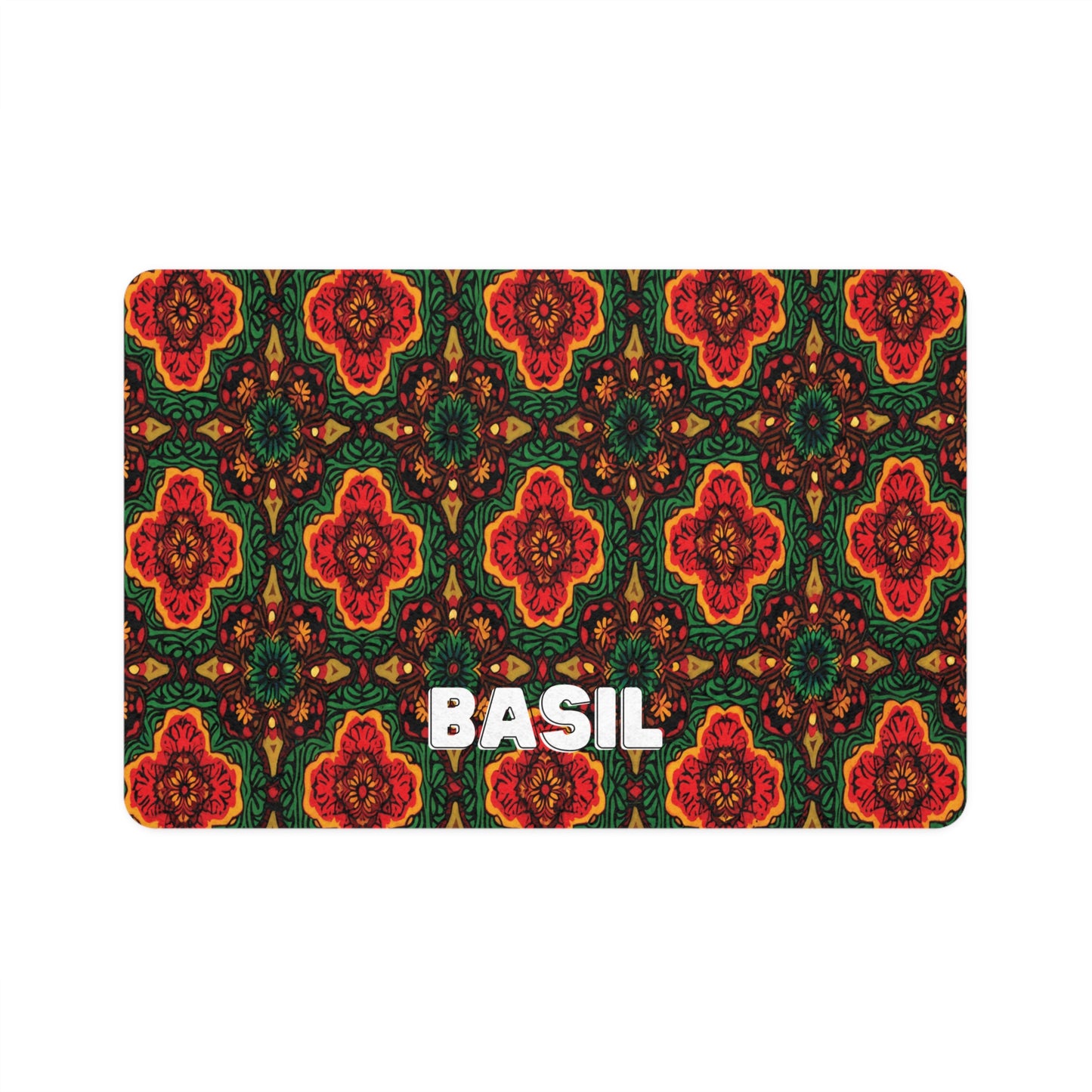A rectangular, African-inspired label with BASIL in bold white letters centered at the bottom. The background features a vibrant, intricate pattern of red, orange, and green floral and geometric shapes on a dark background.