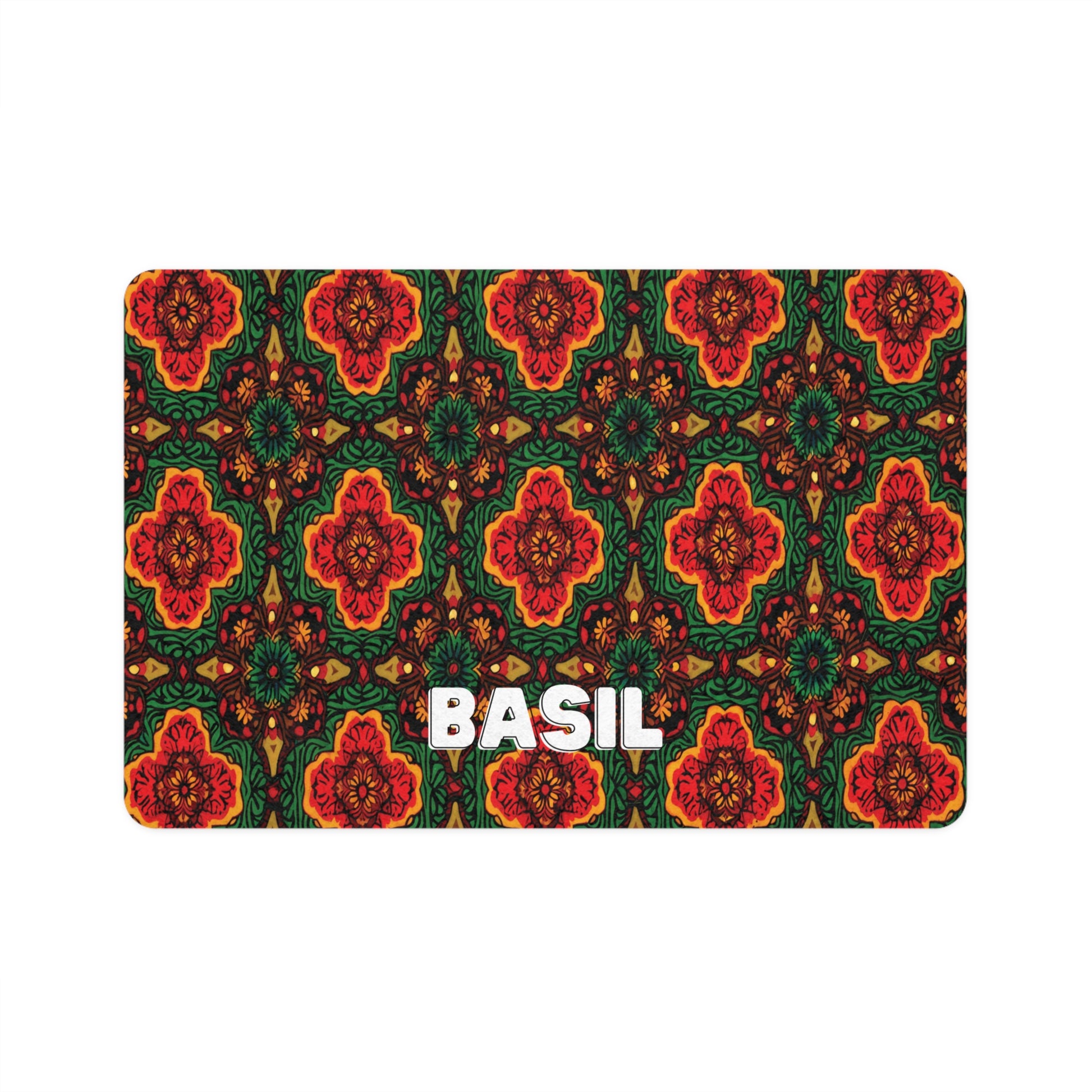 A rectangular, African-inspired label with BASIL in bold white letters centered at the bottom. The background features a vibrant, intricate pattern of red, orange, and green floral and geometric shapes on a dark background.