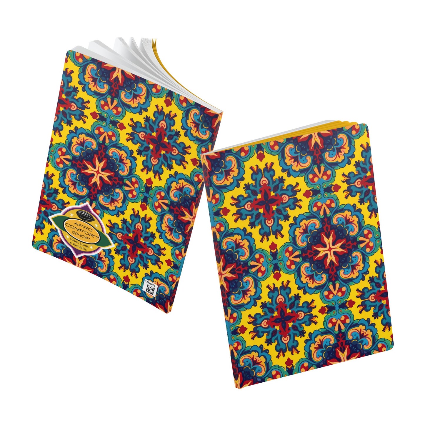 Two notebooks with vibrant, symmetrical tile-patterned covers in blue, red, orange, and yellow are shown on a white background—perfect for creative journaling or as an African-inspired journal to capture your adventures.