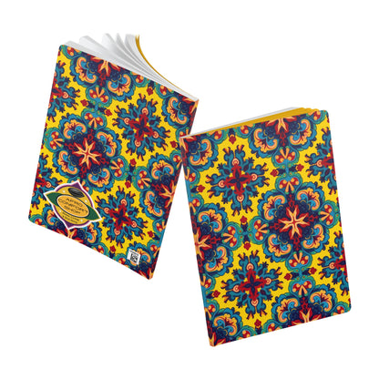 Two notebooks with vibrant, symmetrical tile-patterned covers in blue, red, orange, and yellow are shown on a white background—perfect for creative journaling or as an African-inspired journal to capture your adventures.
