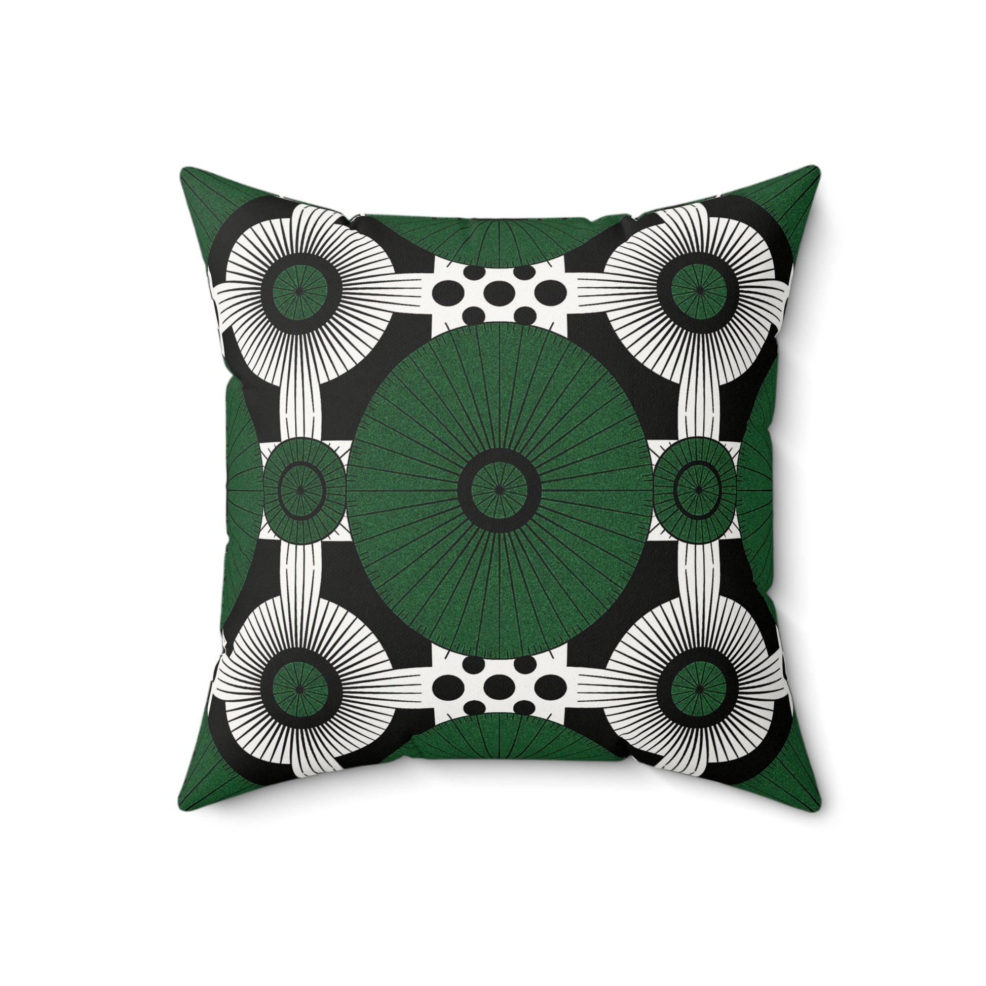 Square accent pillow with a bold geometric design in green, black, and white. Inspired by African pattern pillow styles, it features large green ovals and radiating lines for a modern, symmetrical look—crafted from soft faux suede.