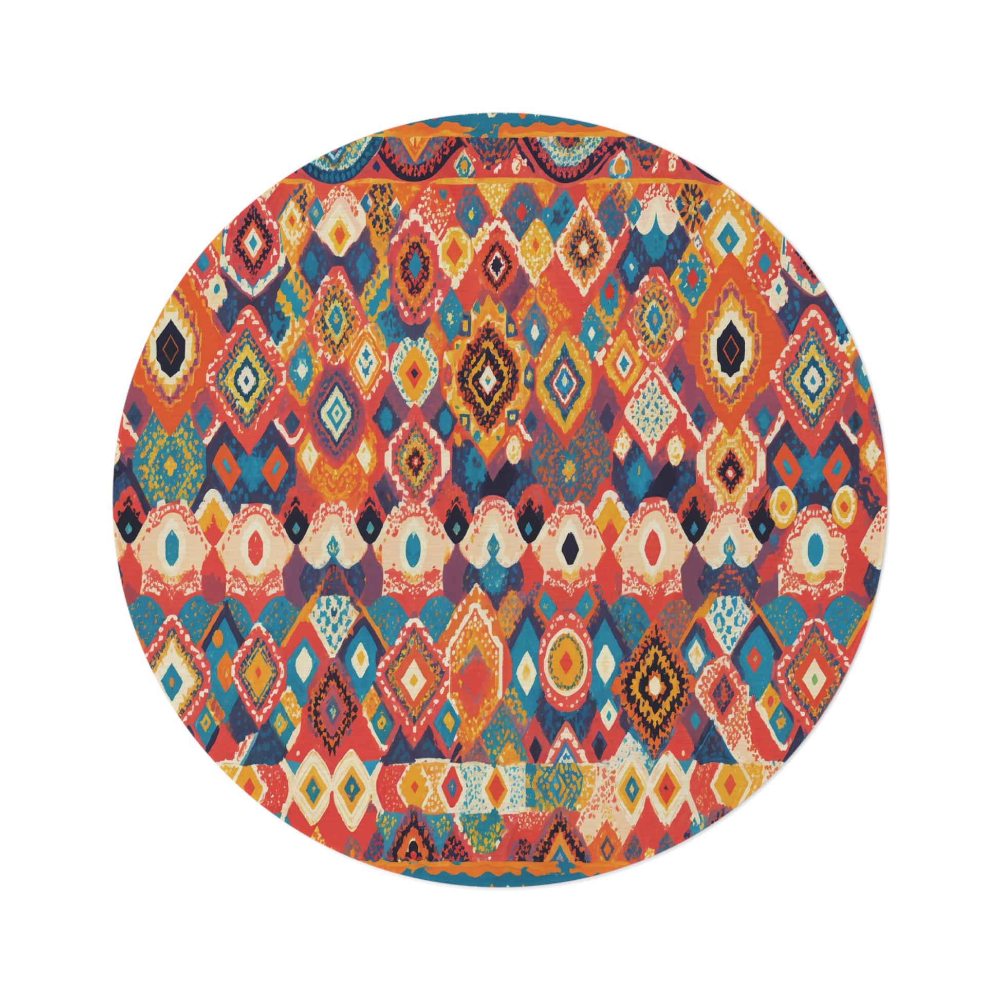An oval polyester chenille rug with a vibrant, multicolored geometric pattern featuring diamonds, zigzags, and dots in red, blue, orange, yellow, and teal. The intricate design appears African-inspired against a crisp white background.