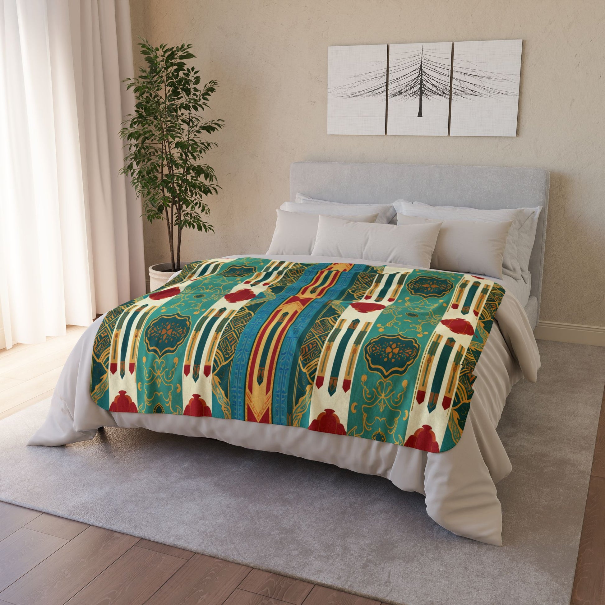 A neatly made bed with a colorful, African-inspired patterned blanket in teal, red, yellow, and white. Behind the bed is a light gray headboard, white pillows, beige walls, a large plant, sheer curtains, and three-panel abstract artwork above.