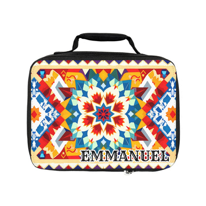 A rectangular, African-inspired lunch bag with a black handle features a vibrant geometric mandala design in red, yellow, blue, and white. The name “EMMANUEL” is boldly printed at the bottom for a stylish personalized lunch bag.