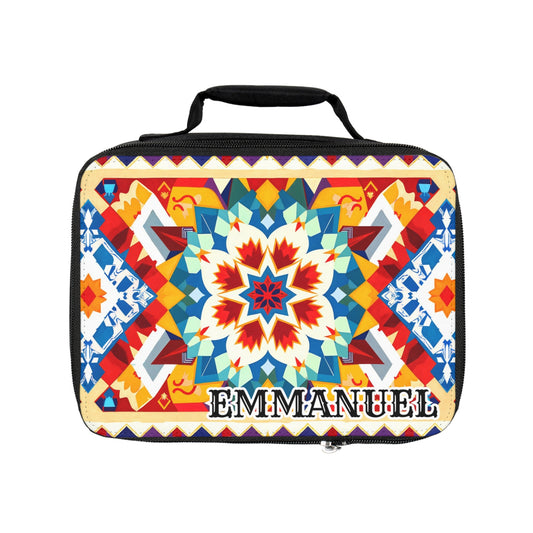 A rectangular, African-inspired lunch bag with a black handle features a vibrant geometric mandala design in red, yellow, blue, and white. The name “EMMANUEL” is boldly printed at the bottom for a stylish personalized lunch bag.
