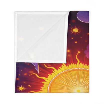 A rectangular textile with a vibrant design featuring a stylized yellow sun, cosmic elements, and a folded corner—perfect as an African-inspired decor piece or for use as customizable baby blanket to add warmth and color to any space.