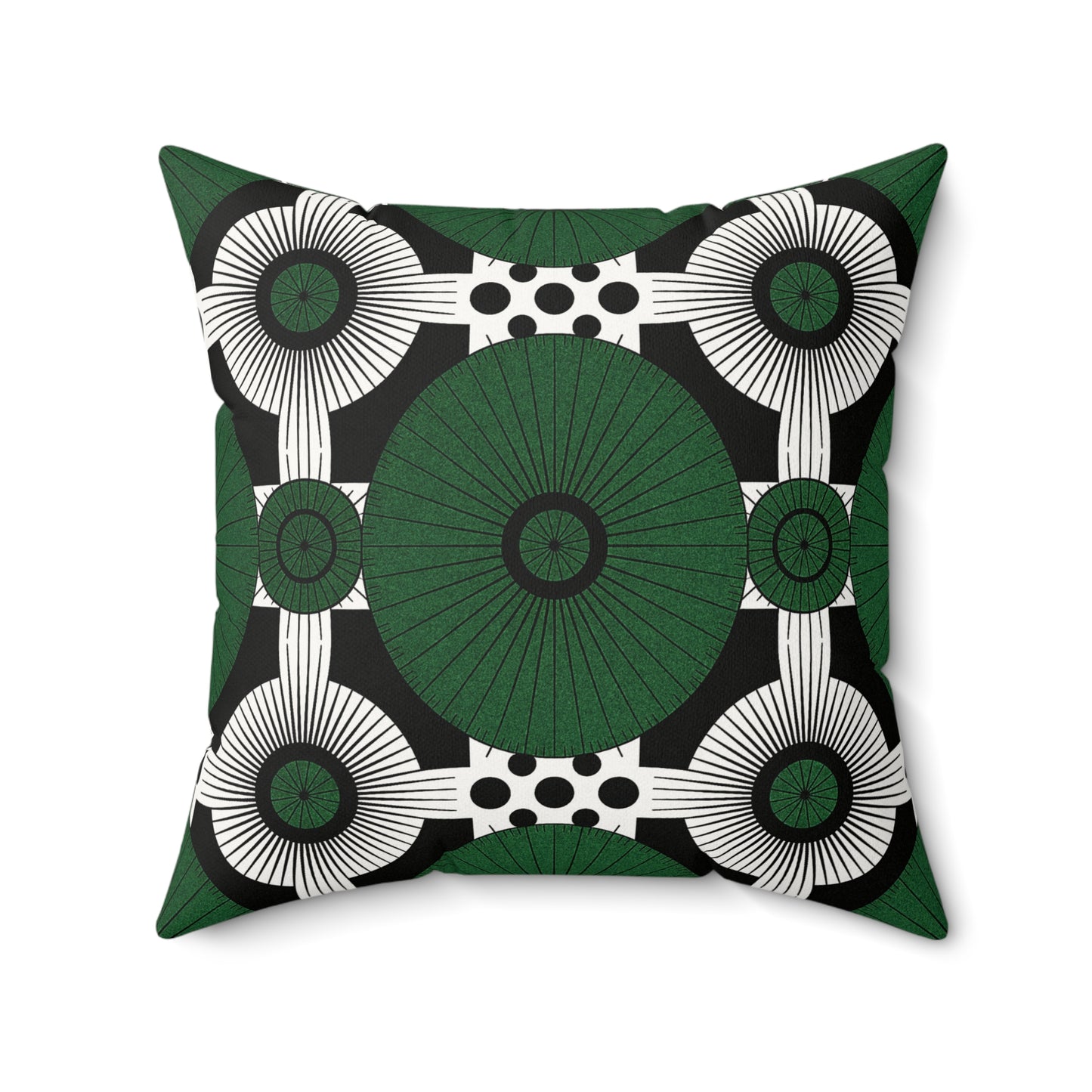 Square throw pillow featuring a bold geometric pattern in green and black. This African inspired accent pillow showcases large circles, radiating lines, concentric shapes, and playful polka dots for a modern, abstract look.