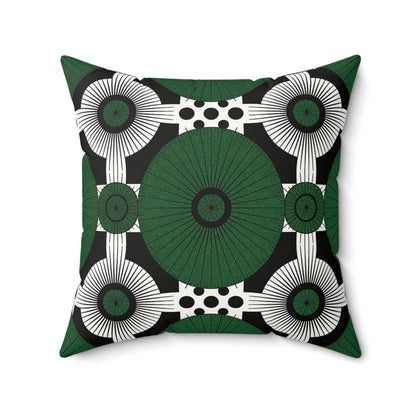 Square throw pillow featuring a bold geometric pattern in green and black. This African inspired accent pillow showcases large circles, radiating lines, concentric shapes, and playful polka dots for a modern, abstract look.