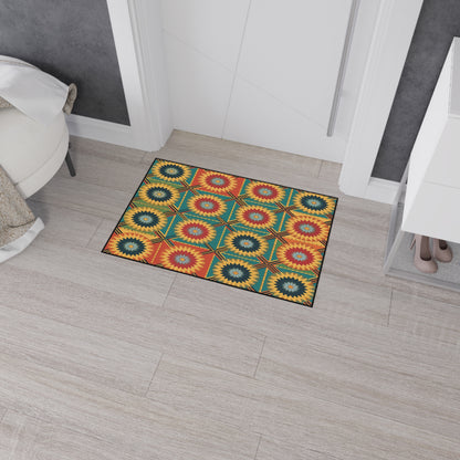 A colorful rectangular rug with a geometric sunburst pattern inspired by African-inspired aesthetics in yellow, red, green, and blue lies on a light wood floor in a modern entryway next to a white cabinet, shoes, and a round upholstered stool.