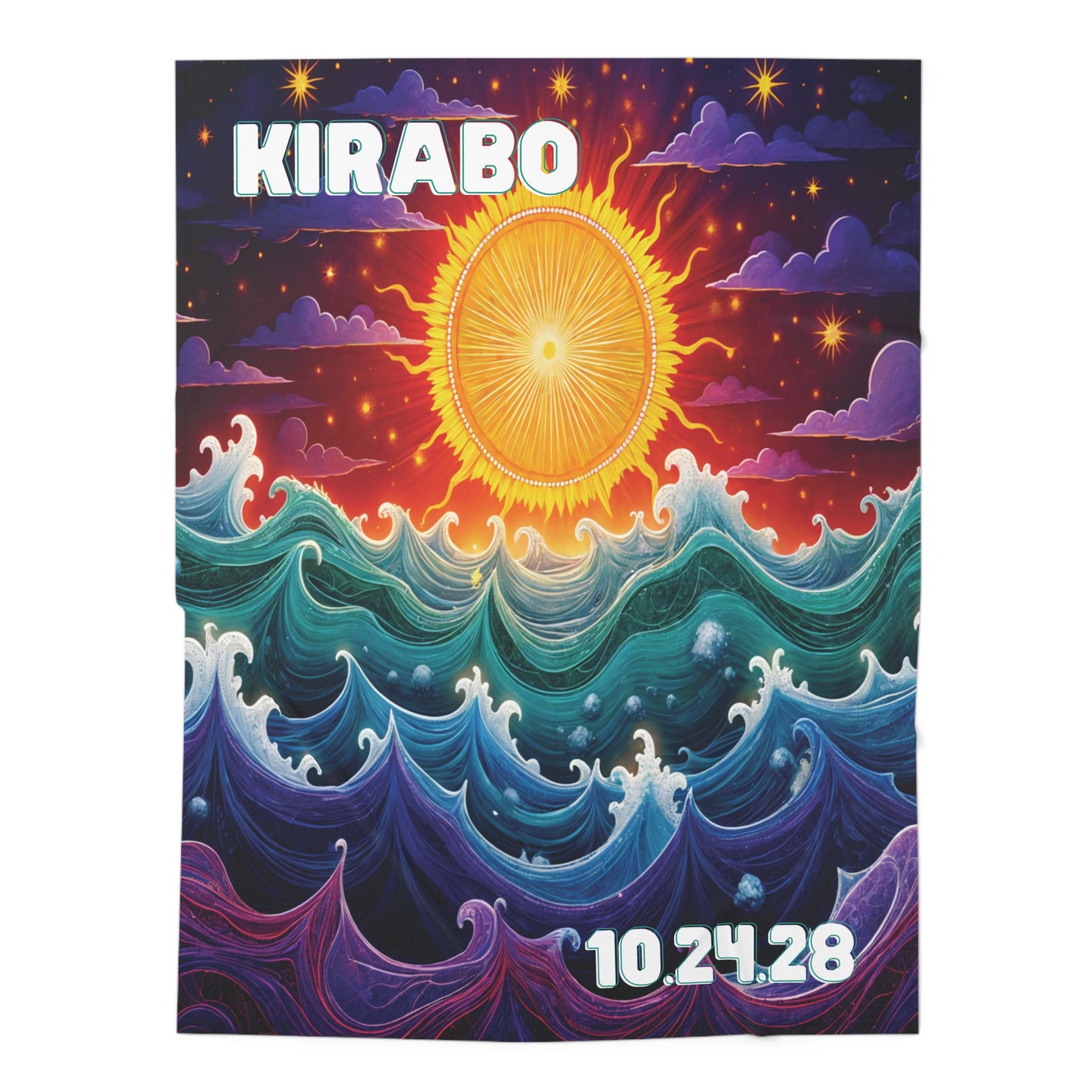 Colorful illustration of a bright sun with radiating beams above a turbulent, multicolored ocean. The sky is filled with clouds and stars. Perfect for an African-inspired decor or as art on a personalized baby blanket. Bold white text reads KIRABO and 10.24.28.