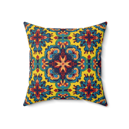 A square faux suede pillow with a bold, intricate pattern featuring red, navy, teal, and orange floral motifs, plus a central star on vibrant yellow. Its ornate style mimics Mediterranean or Moroccan tile art—an ideal African accent pillow.