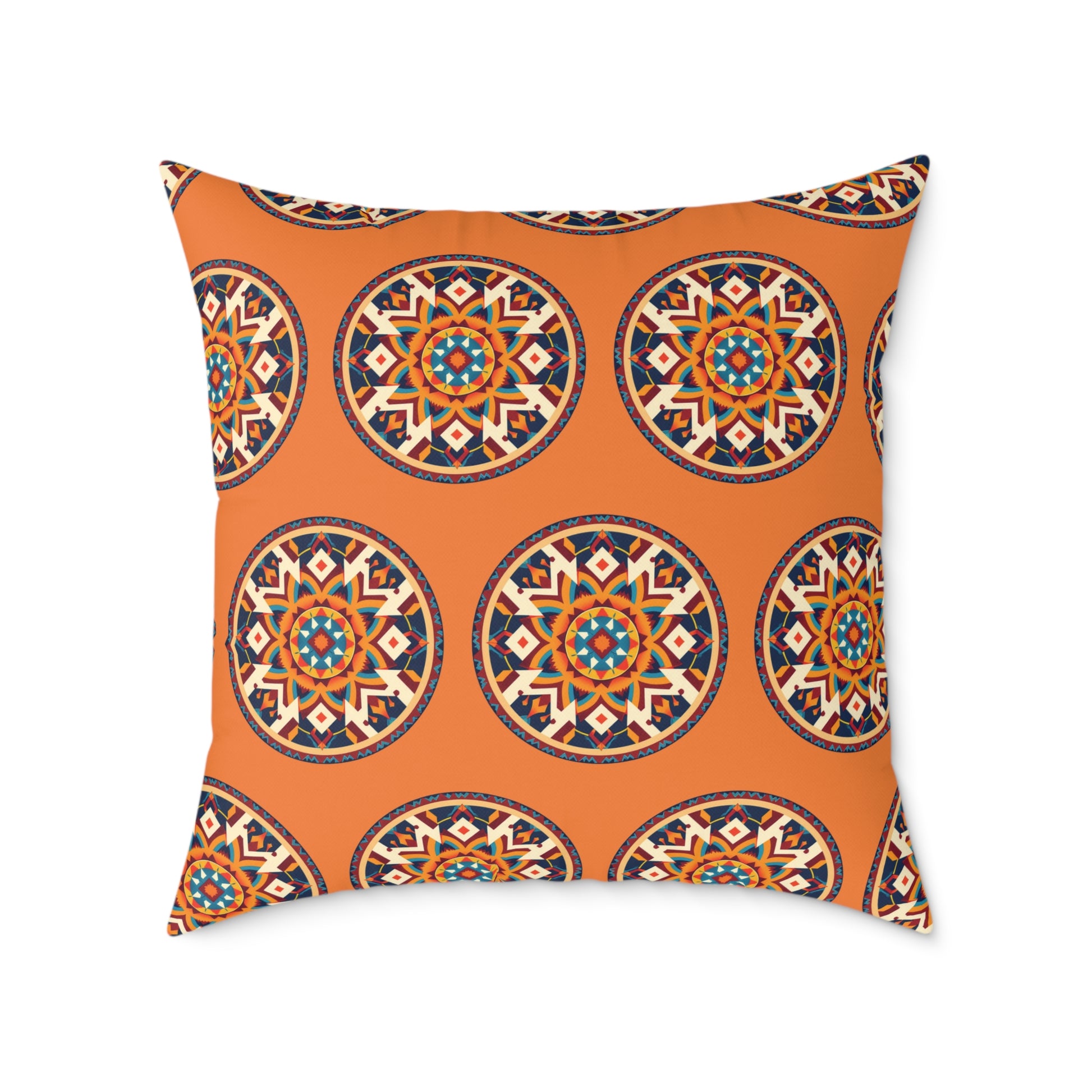 Square pillow with a burnt orange background featuring a repeating pattern of colorful circular mandalas. This African-inspired pillow showcases geometric shapes in blue, red, white, and yellow, adding vibrant home decor to any space.