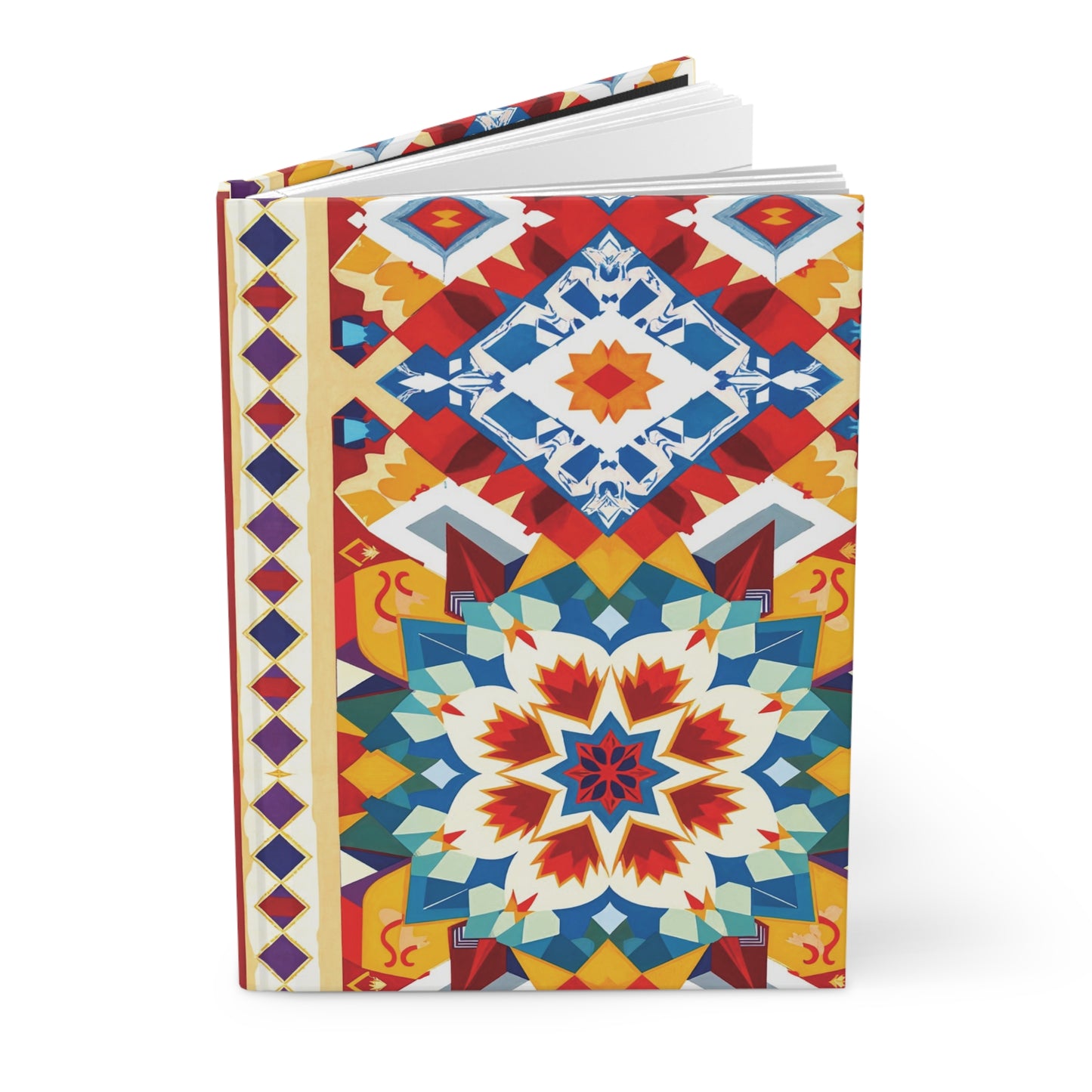 A hardcover journal with a colorful, rainbow geometric design on the cover, featuring interlocking shapes in red, blue, yellow, and white. Symmetrical starburst and diamond motifs create a vibrant, mosaic-like appearance. The book is partly open.