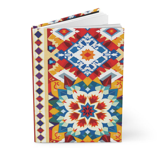 A hardcover journal with a colorful, rainbow geometric design on the cover, featuring interlocking shapes in red, blue, yellow, and white. Symmetrical starburst and diamond motifs create a vibrant, mosaic-like appearance. The book is partly open.