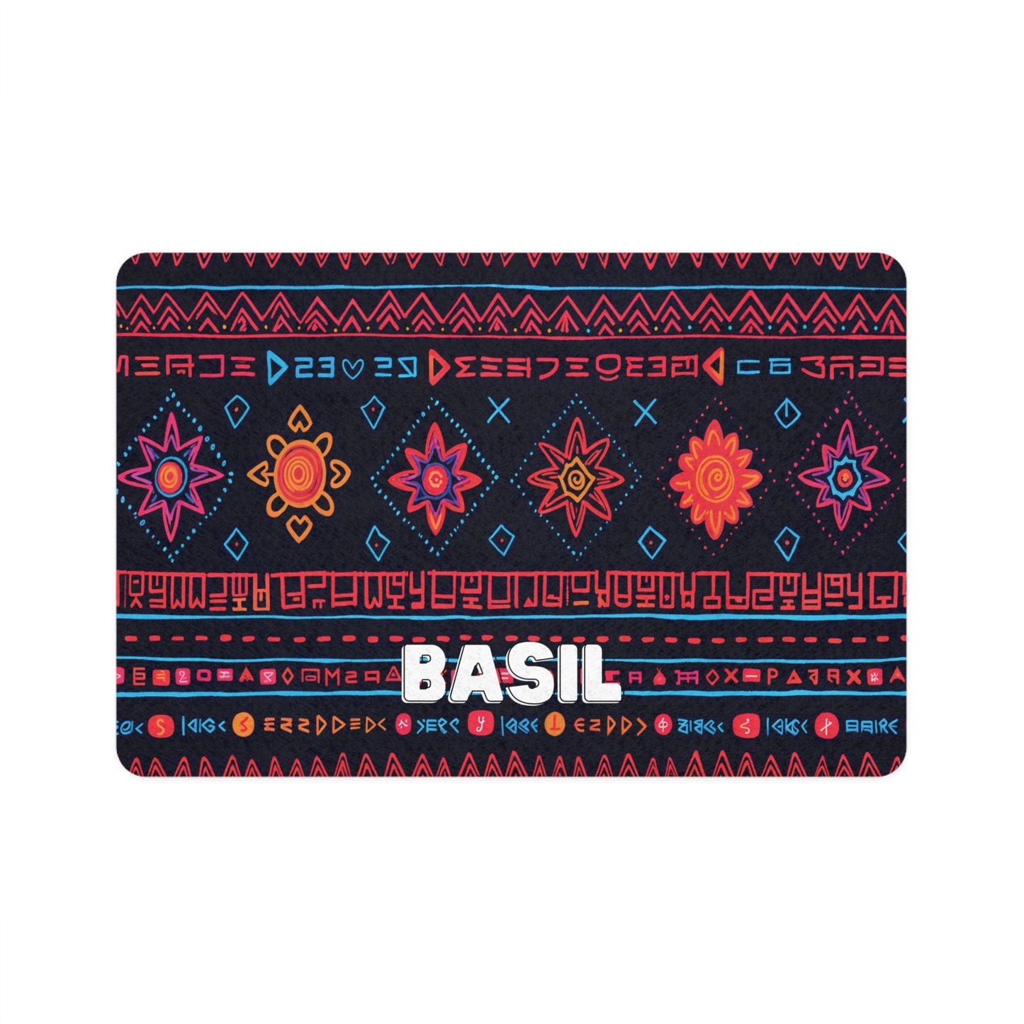 Rectangular object with a colorful African-inspired tribal pattern of geometric shapes, stars, and lines in red, blue, and orange on a black background. The word BASIL appears in bold white letters near the bottom center.