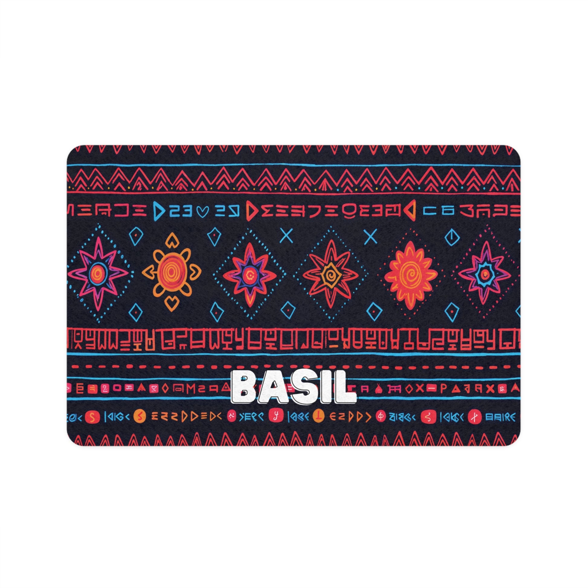 Rectangular object with a colorful African-inspired tribal pattern of geometric shapes, stars, and lines in red, blue, and orange on a black background. The word BASIL appears in bold white letters near the bottom center.
