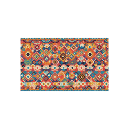 Colorful rectangular rug featuring an African-inspired geometric pattern of diamonds and squares in red, orange, teal, yellow, and blue tones. Intricate, repeating shapes are arranged symmetrically across the surface with a white background surrounding the rug.