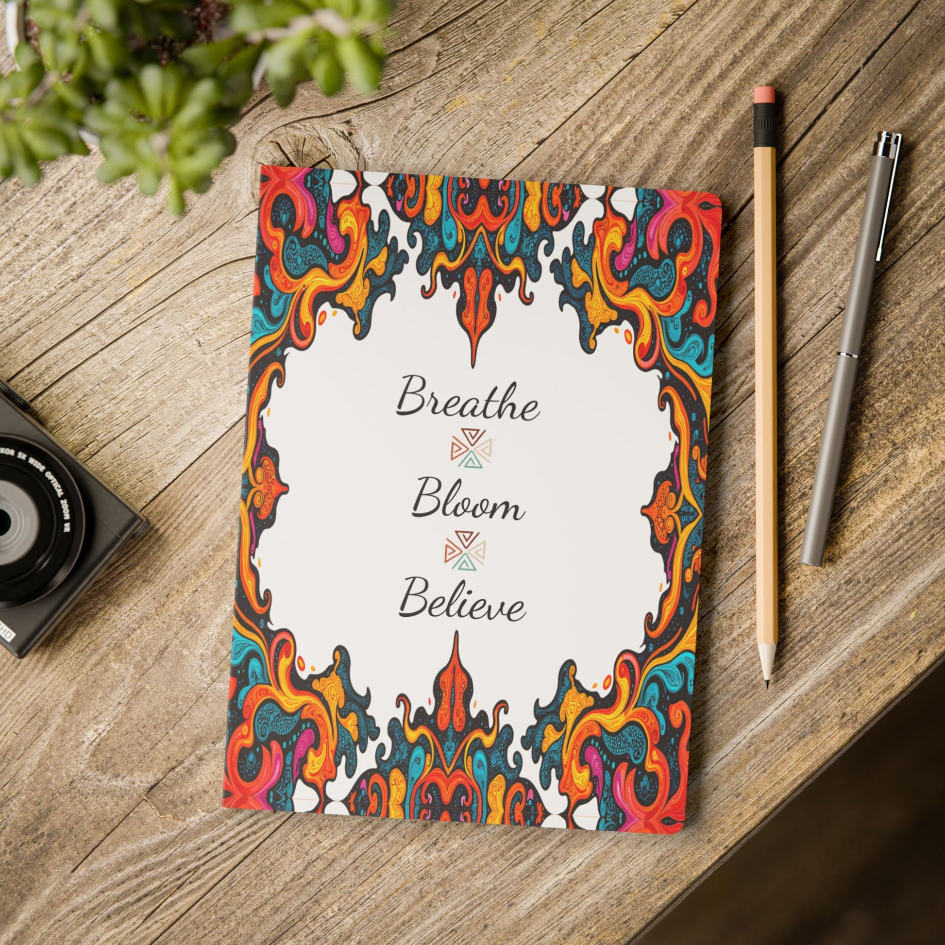 A colorful African-inspired journal with ornate, swirling pattern borders sits on a wooden table. The cover reads “Breathe Bloom Believe” in elegant script. A pencil, black camera, and a green potted plant complete this creative scene.