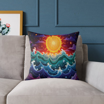 A vibrant throw pillow with a radiant sun over stylized, swirling ocean waves in blue, green, and purple adds colorful home decor to a light grey couch against a blue wall. A framed cactus artwork partially appears on the left.