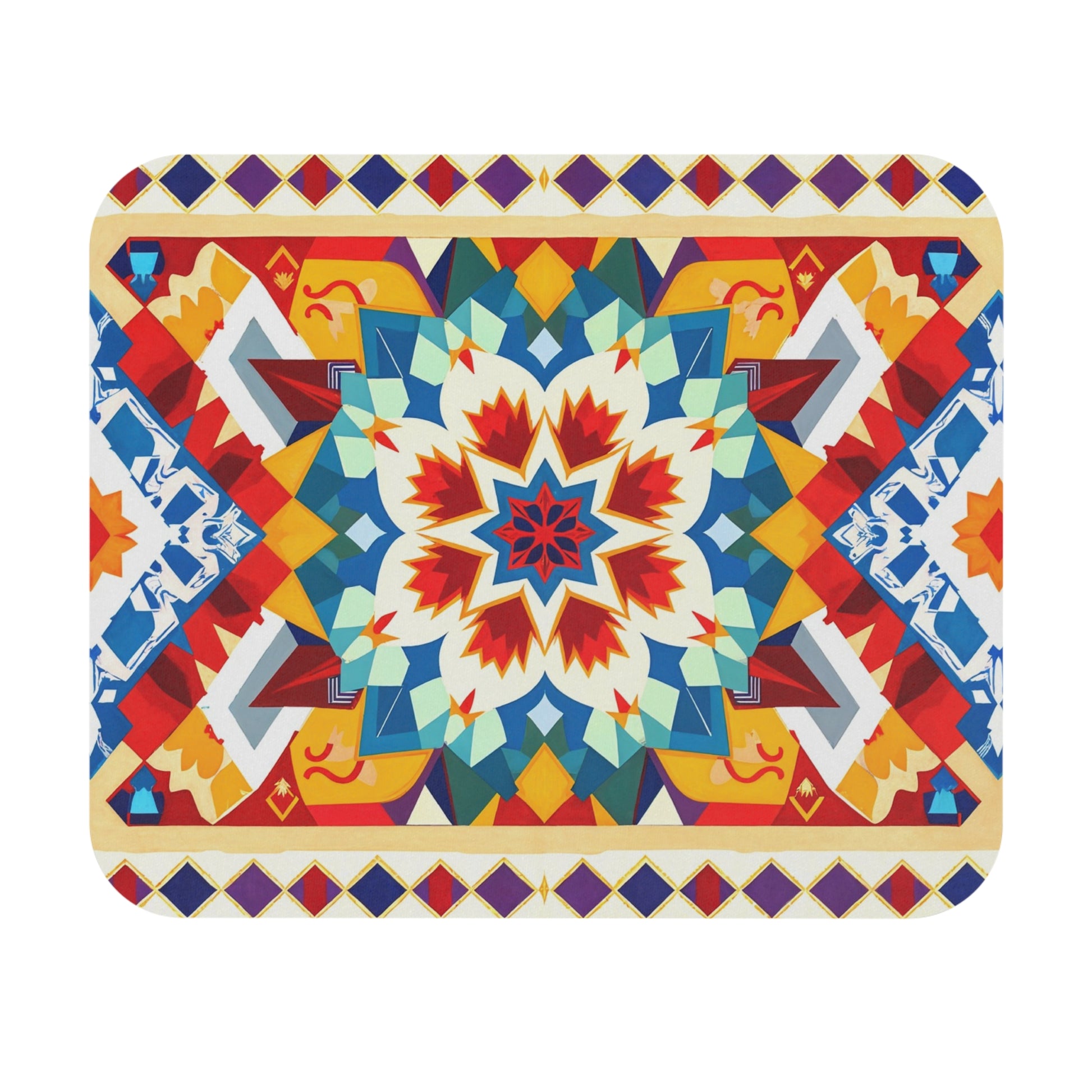 A vibrant, symmetrical geometric pattern decorates this African-inspired mouse pad, featuring a central starburst in red, blue, and white. Surrounding shapes and a row of multicolored diamonds make it the perfect vibrant desk accessory.