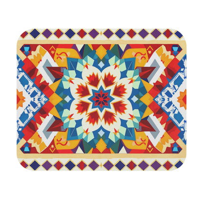 A vibrant, symmetrical geometric pattern decorates this African-inspired mouse pad, featuring a central starburst in red, blue, and white. Surrounding shapes and a row of multicolored diamonds make it the perfect vibrant desk accessory.