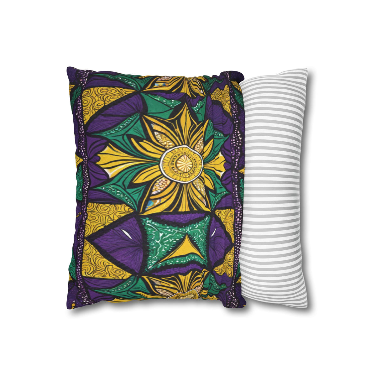 Two pillows side by side: one features vibrant African patterns in yellow, green, purple, and black with geometric and floral shapes; the other is white with thin, evenly spaced gray stripes, both set against a white background.