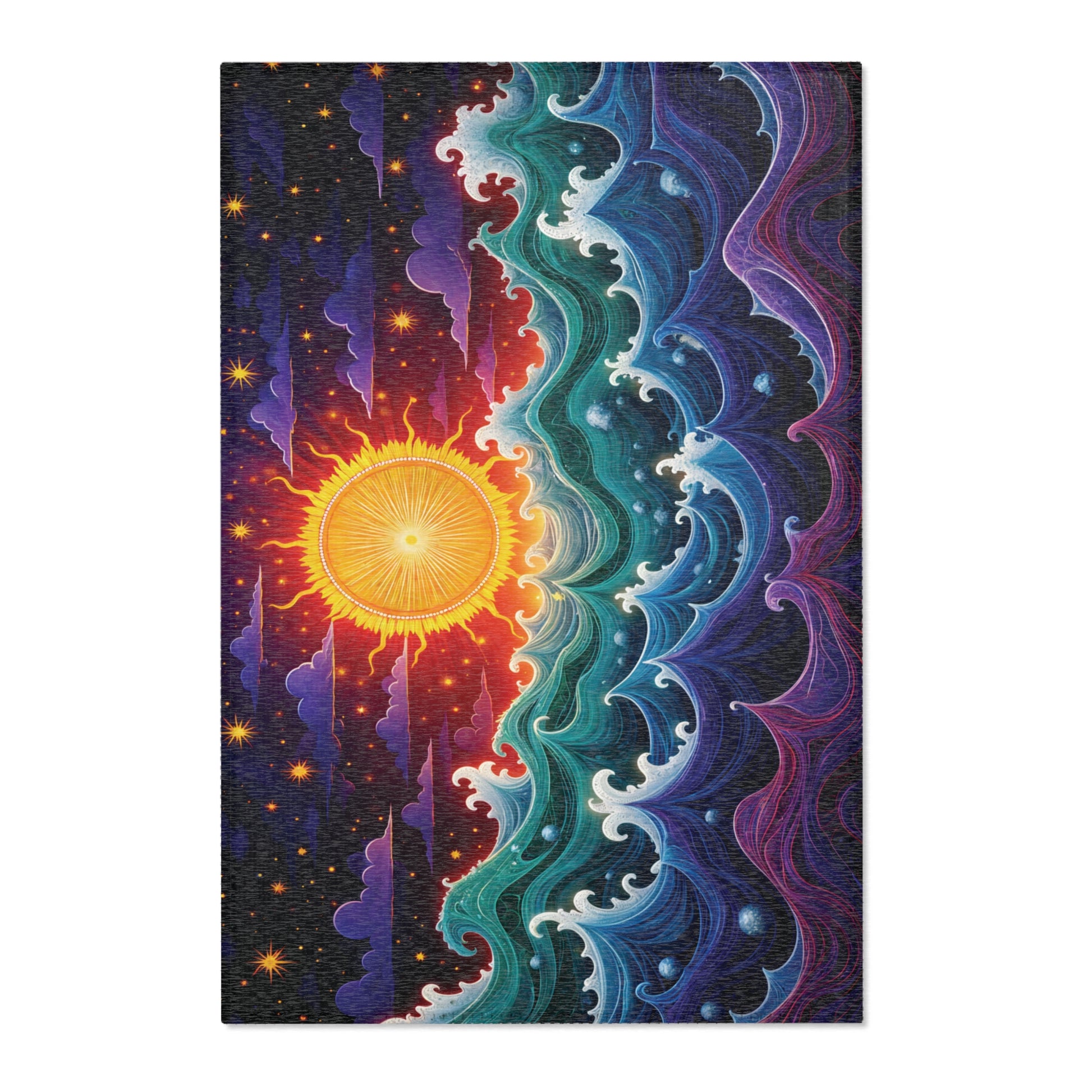 A vibrant, abstract illustration shows a radiant yellow sun blending into a starry night sky. Swirling blue, teal, and purple waves meet the sun’s light, creating a dynamic contrast—perfect for stylish home decor or African design rugs.